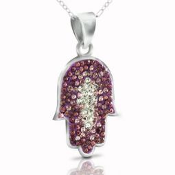 925 Sterling Silver Pink or Purple Swarovski Crystals Hamsa Pendant Necklace