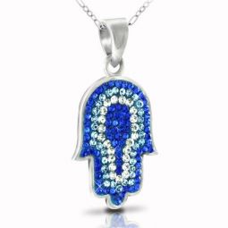 925 Sterling Silver Blue Tone Swarovski Hamsa Pendant Necklace Made in Israel