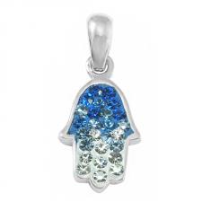 925 Sterling Silver Mini HAMSA Pendant 0.75" Swarovski Faded Blue Crystals Pendant Necklace Design m
