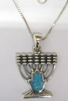 925 Sterling Silver Menorah / Opal Hamsa Pendant / Necklace Made in Israel