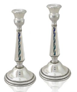 925 Sterling Silver Enamel Embellished Shabbat Candlesticks Candleholders 6" Made in Israel By NADAV