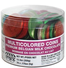 Chanukah Gelt Belgian Milk Chocolate Multicolored Coins in Tub Nut Free Kosher Dairy Milch