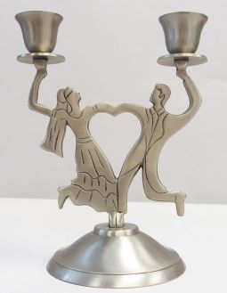 Antique Silver Dancing Bride & Groom / Heart 2 Light Shabbat Candlesticks Stainless steel