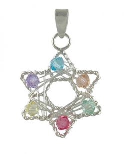 Magen Star of David 925 Sterling Silver Wire Wrapped Multicolored Beads Necklace Made in Israel
