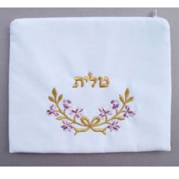 Floral Gold or Silver Embroidery Bow White Velvet Women's Tallit Bag 10" or 12" Pink, Blue, Purple