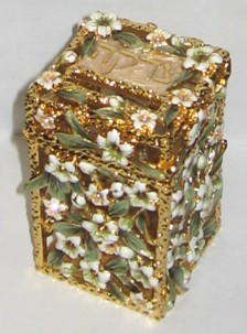 White Lilies Crystals & White Pearl Enamel Artistic Tzedakah Box Made in Israel