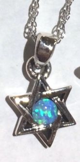 925 Sterling Silver Blue Opal Small Star of David Necklace 18"