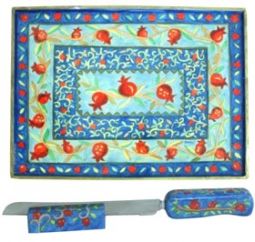 Pomegranates Hand painted Wooden Challah Board / Knife By Yair Emanuel
