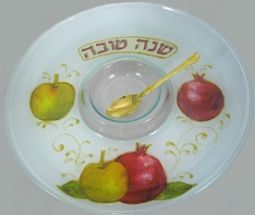 Apples Glass Honey Dish for Rosh Hashanah with Golden Honey Spoon