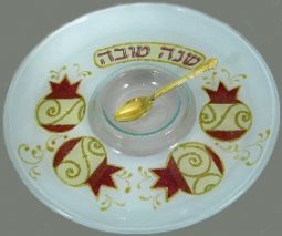 Pomegranates Glass Honey Dish for Rosh Hashanah with Golden Honey Spoon By Racheli