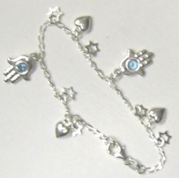 925 Sterling Silver Bracelet with Hamsa, Star, Heart Pendants Made in Israel