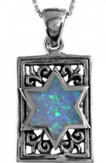 925 Sterling Silver and Opal Rectangle Star of David Pendant