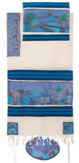 Jerusalem / Dove Blue Silk Paint Tallit Tallis Set of 4 Made in Israel by Emanuel