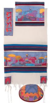 Jerusalem / Dove Color Silk Paint Tallit / Tallis Set of 4 By Emanuel