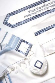 Classic Designer Tallit Wool Light Blue & Gray Stripes Embroidered Atarah Size 60 - Set of 3