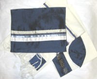 Navy Blue / Silver Wool Tallit / Tallis Set of 4 - Hand Made