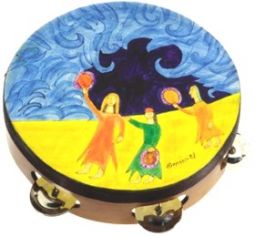 Miriam and the Drum Hand Painted Tambourine 9"D x 2" Made in Israel By Emanuel